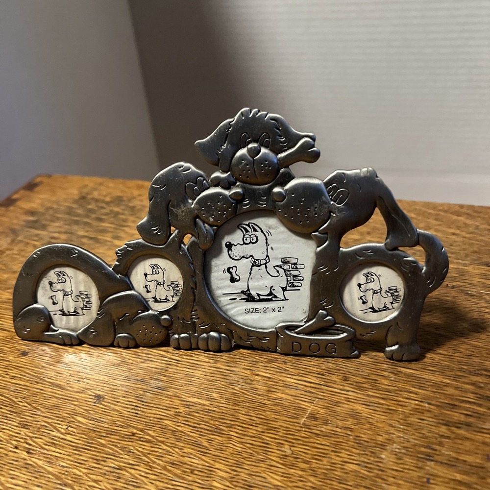 ABC Distributing Dog Theme Silver Pewter Metal 4 Photo Collage Frame Pet NOS